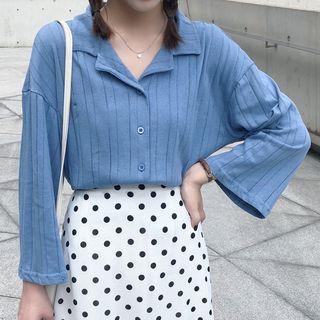 Bell-sleeve Collared Ribbed Top