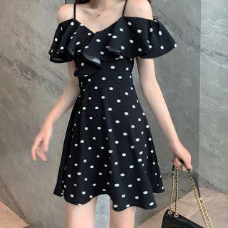 Off-shoulder Spaghetti-strap Polka Dot Dress Black - One Size