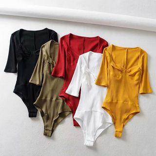 Plain Rib-knit Short-sleeve Playsuit