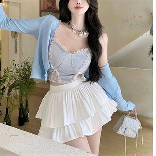 Plain Light Jacket / Lace Camisole Top / High-waist Ruffle Mini Skirt