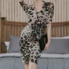 Elbow-sleeve Leopard Print Bodycon Dress