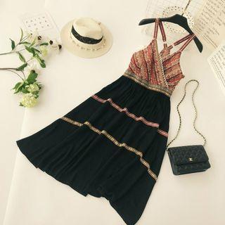 Strappy Patterned Panel A-line Midi Dress