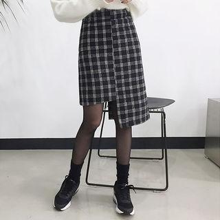 Zip-back Asymmetric-hem Plaid Skirt