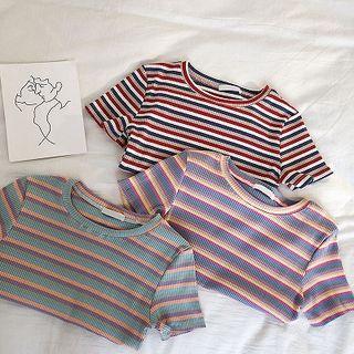 Color-block Striped Crewneck Slim-fit Short-sleeve Top