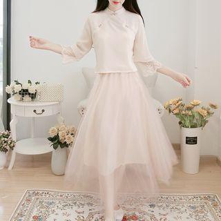 Traditional Chinese Set: 3/4-sleeve Top + A-line Maxi Skirt