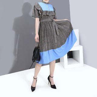 Band Collar Plaid Short-sleeve Midi Dress Blue - One Size
