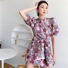 Puff-sleeve Rose Print Mini A-line Dress