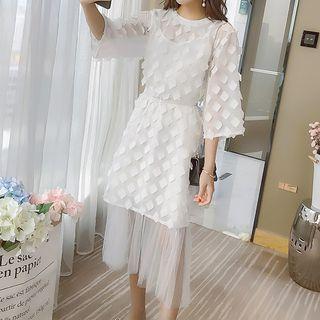 Set: Mesh Panel Midi Spaghetti Strap Dress + Applique 3/4-sleeve Dress
