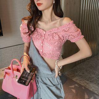 Off-shoulder Eyelet Short-sleeve Cropped Blouse