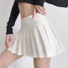 High Waist Pleated Slit Mini A-line Skirt