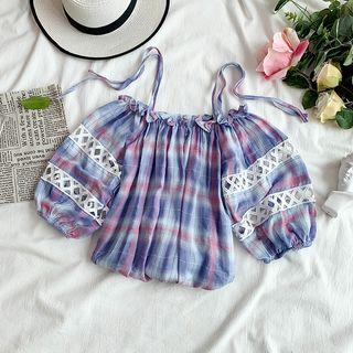 Elbow-sleeve Cold Shoulder Perforated Trim Plaid Top
