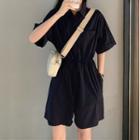 Short Sleeve Drawstring Waist Cargo Playsuit Navy Blue - One Size
