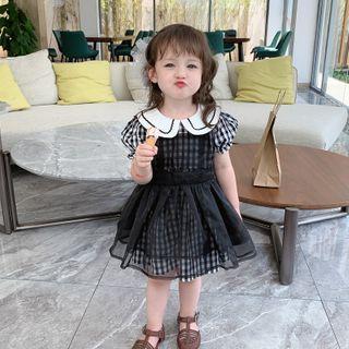 Short-sleeve Plaid Mesh Panel Dress
