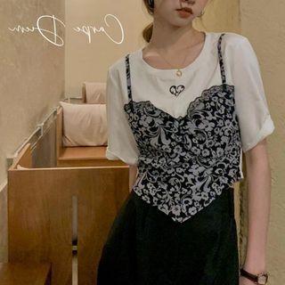 Mock Two-piece Short-sleeve Paisley Print T-shirt White - One Size
