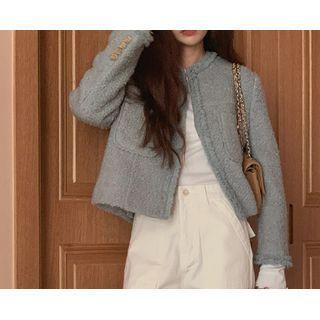 Collarless Boucle Tweed Jacket (blue) One Size