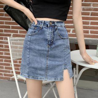 Washed Denim Mini Fitted Skirt
