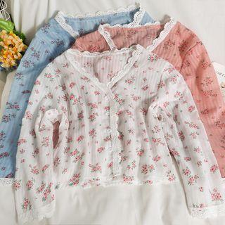 Lace-trim Floral V-neck Shirt