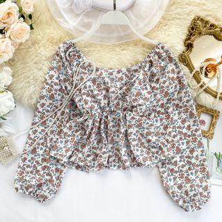 Long-sleeve Floral-pattern Peplum Top