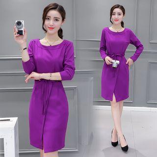 Tie-waist Long-sleeve Sheath Dress