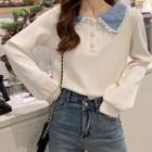 Lace Trim Collared Long-sleeve Top