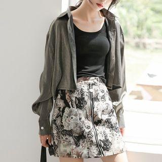 Cat Print A-line Skirt / Crop Shirt