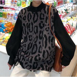 Stand Collared Puff Sleeve Blouse / Leopard Print Vest