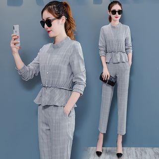 Set: Plaid Blouse + Cropped Dress Pants