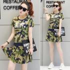 Set: Camouflage Print Short-sleeve T-shirt + A-line Pleat Skirt