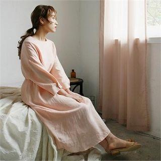 Round-neck Linen Blend Midi Dress With Sash