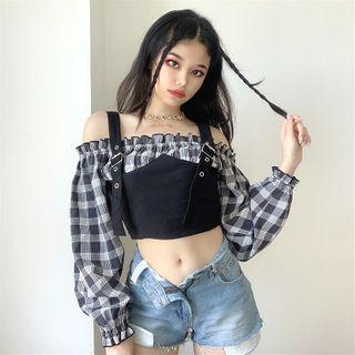 Mock Two-piece Plaid Long-sleeve Crop Top