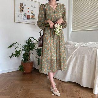 Buttoned Smocked-waist Long Floral Dress