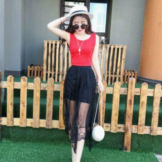 Set: Plain Tank Top + Mesh Midi Skirt