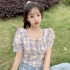 Short-sleeve Plaid Square-neck Crop Top