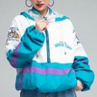 Letter Embroidered Hooded Half-zip Jacket Blue & White - One Size