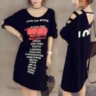 Elbow-sleeve Lettering Cutout Long Top