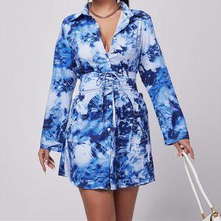 Lace-up Tie-dye Mini A-line Shirtdress