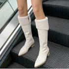 Pointed Fluffy Trim Block Heel Knee-high Boots