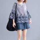 Embroidered 3/4-sleeve Top Dark Blue - One Size
