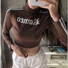 Lettering Turtleneck Striped Cropped Top
