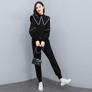 Set: Contrast Trim Collar Sweatshirt + Sweatpants