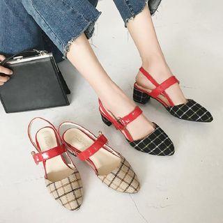 Plaid Slingback Chunky Heel Sandals