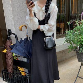 Long-sleeve Layered Collar Blouse / Midi A-line Overall Dress