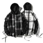 Mock Two-piece Plaid Lace Up Hoodie
