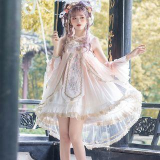 Sleeveless Ruffled Embroidered A-line Dress / Oversleeves / Set