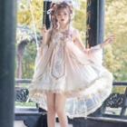 Sleeveless Ruffled Embroidered A-line Dress / Oversleeves / Set