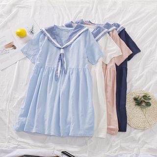 Elbow-sleeve Striped Paneled A-line Dress