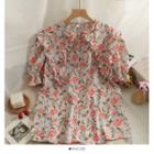 Sailor-collar Floral Loose Blouse Pink - One Size