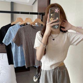 Short-sleeve Round-neck Plain Knit Cropped Top