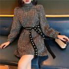 Bubble-sleeved Wool A-line Dress Houndstooth - One Size