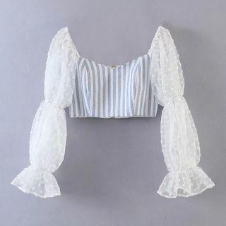 Bell-sleeve Striped Panel Cropped Blouse